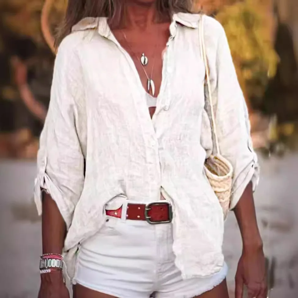 Cotton Linen Women Summer Blouse Shirt