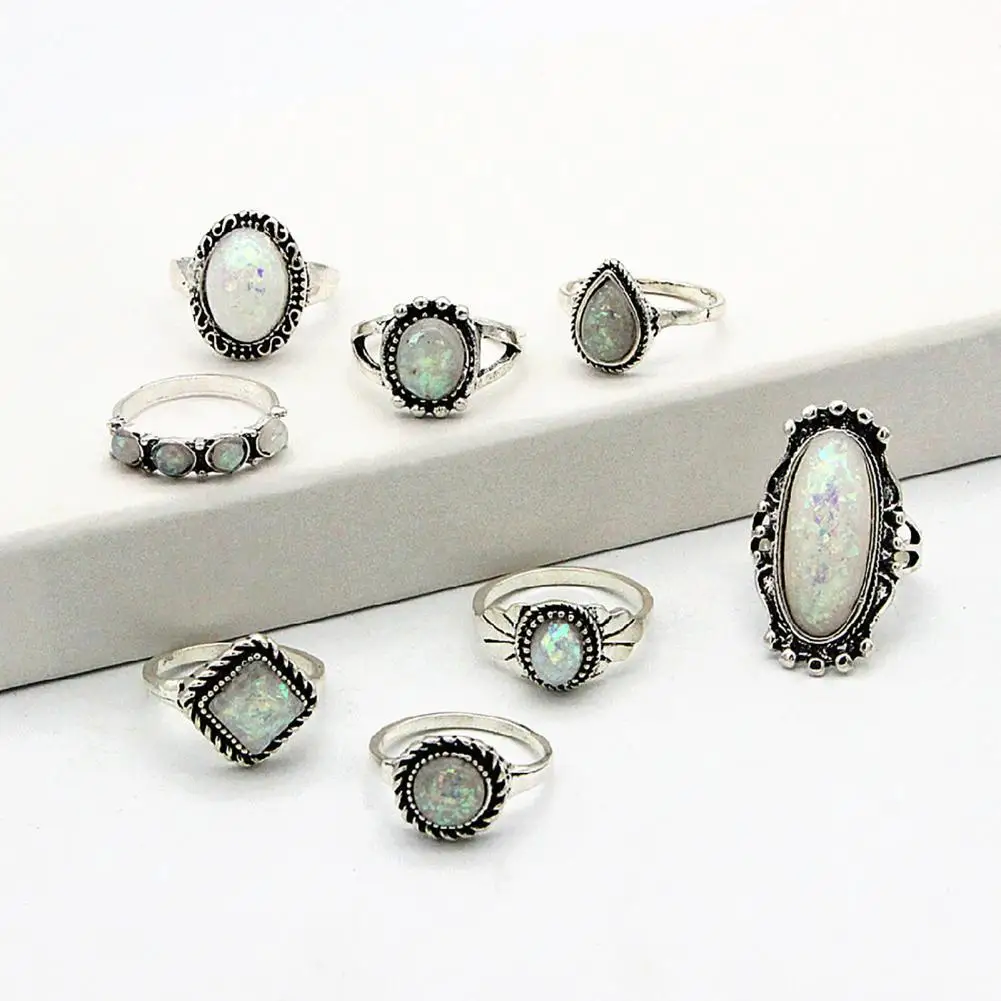 Lightweight 8Pcs/Set Chic Ethnic Style Faux Gem Finger Rings Alloy Midi Rings Oval for Outdoor
