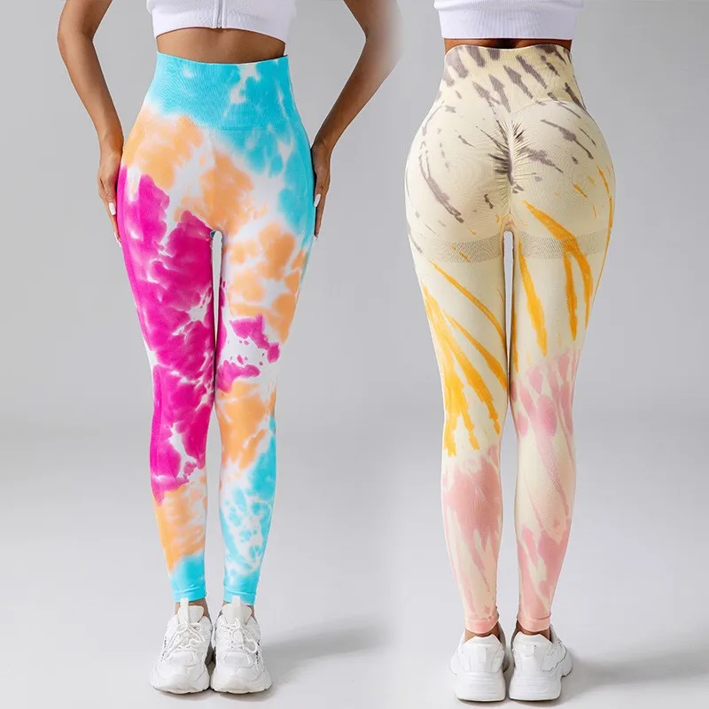 

Seamless drop dyeing yoga pants, high waist and abdomen movement elastic pants and female hand-painted tie-dyed fitness pants