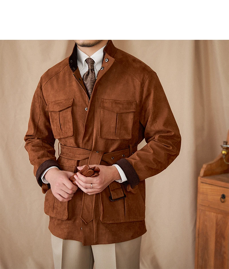 Gentry High-Style Wildleder-Jagdjacke, Gürtel, mehrere Taschen, warme, schmal geschnittene Freizeitjacke für Herren – Detail 30