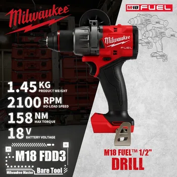 밀워키 M18 FDD3/2903 M18 연료™브러시리스 무선 드릴 드라이버, 18V 리튬 전동 공구, 1/2 인치, 158NM