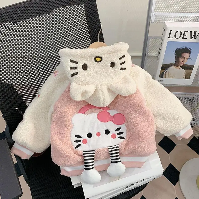 산리오 헬로 키티 여아 겨울 코트 양털 안감 두꺼운 면  소녀용 가을 및 겨울 2024 새로운 패셔너블 스타일