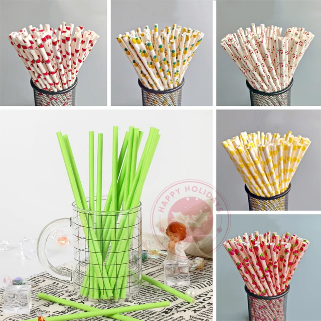 Biodegradable Paper Straws,Drinking Straws Disposable Degradable Kraft  Paper Straw Cool Summer Fruit Pattern Paper Straw for Party Supplies,  Birthday