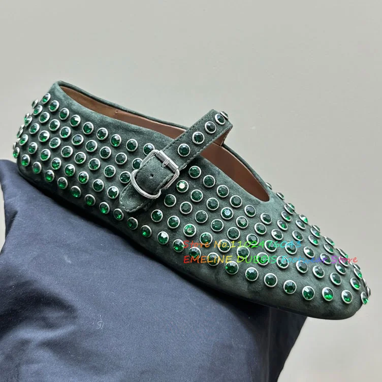 

2024 New Genuine Leather Round Head Water Diamond Rivet Mary Jane Single Shoes Women's Flat Comfortable Ballet Dance Shoes