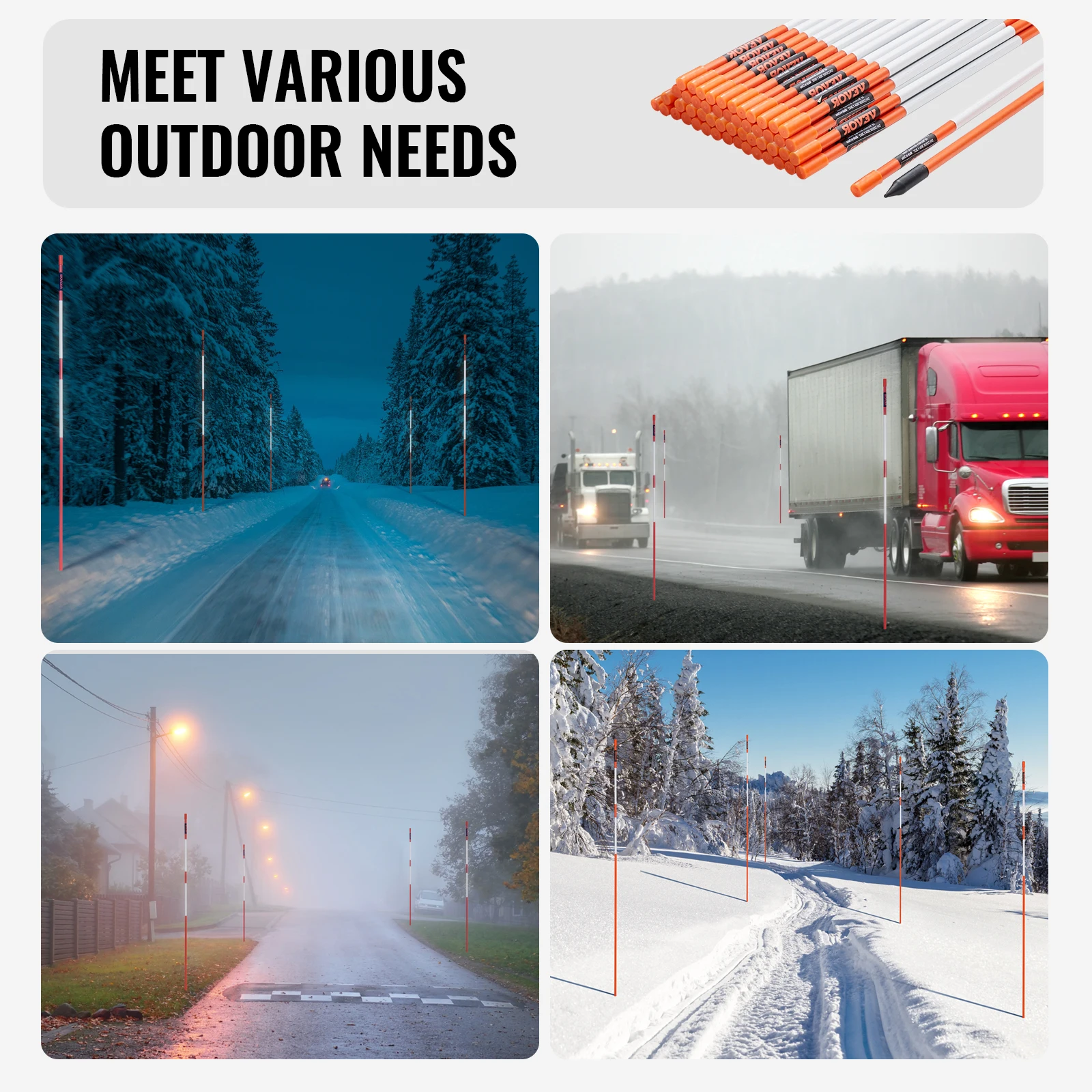 VEVOR Driveway Markers 48 inch 0.4 inch Diameter Fiberglass Poles Snow Stakes Parking Lots Walkways Easy Visibility