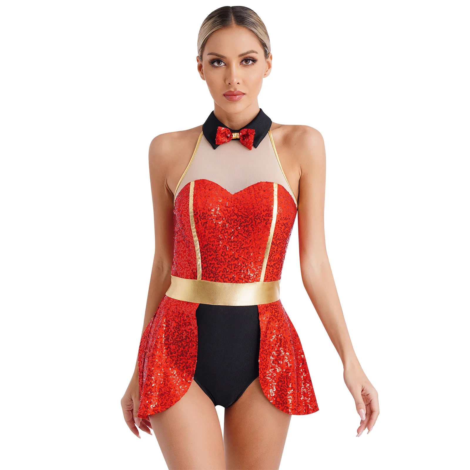 

Womens Circus Ringmaster Cosplay Costume Leotard Dress Sleeveless Shiny Sequin Skirted Bodysuit One Piece Ice Skating Dresses