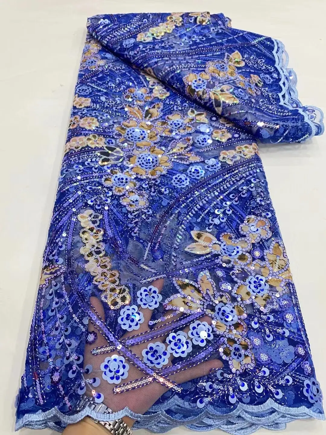 

2023 Latest High Quality African Nigerian Tulle Lace Fabric Sequins Embroidery Dresses Beads Sewing Guipure Prom 5Yards DP0010