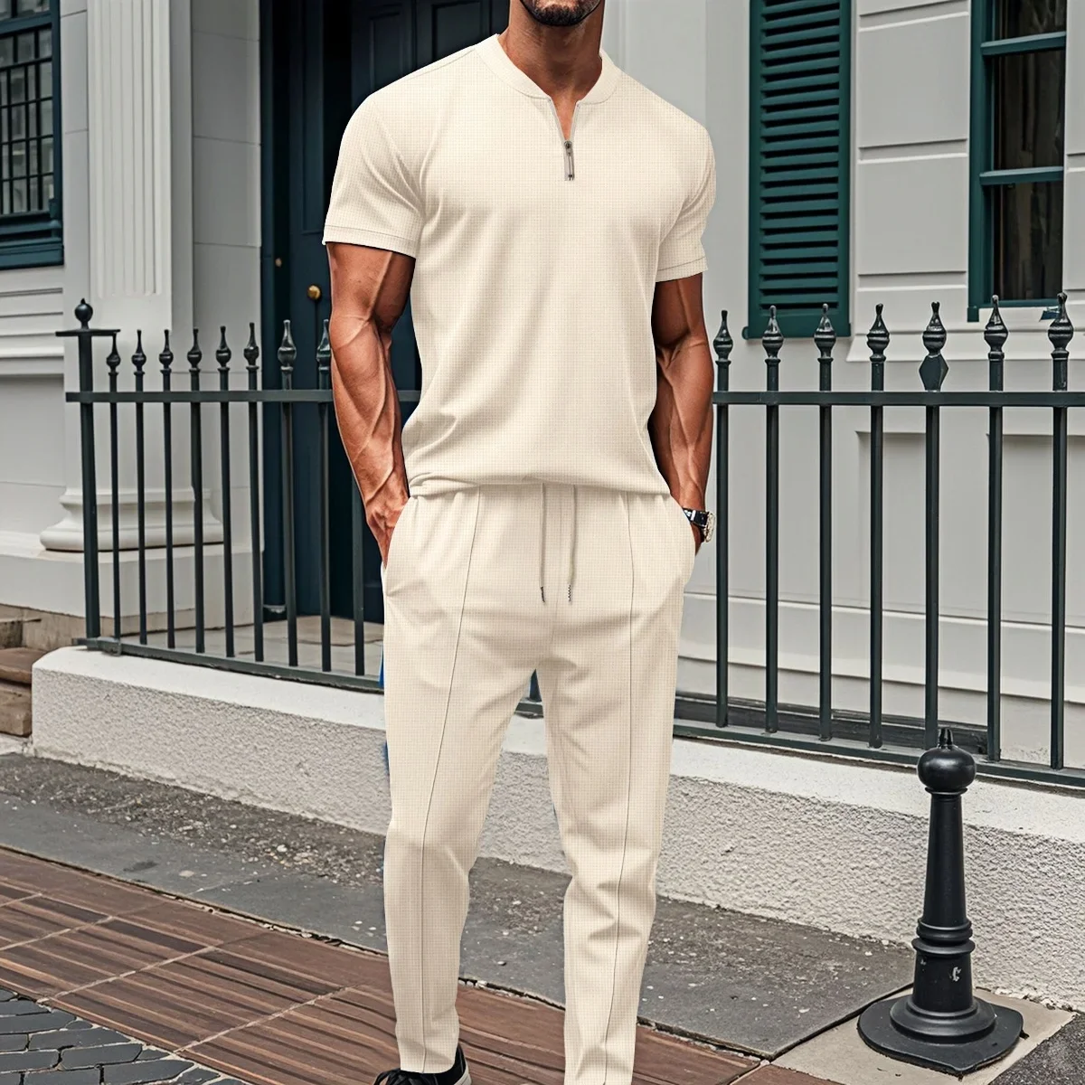 Men's Casual Loose Fit Two-Piece Set Short-Sleeved Pant Suit Waffle Check Zipper Stand Collar Solid Color Fashion Streetwear 2