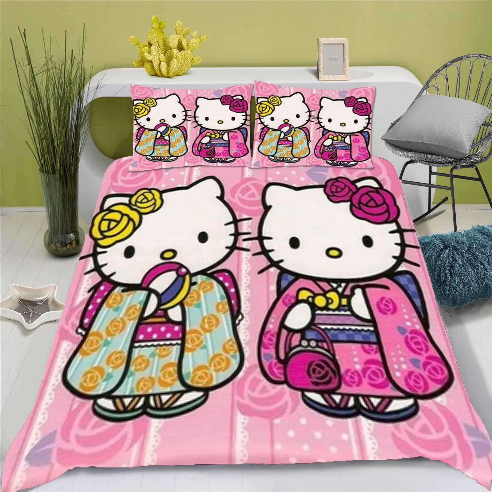 子供と大人のためのハローキティの寝具セット,3D羽毛布団カバー,漫画