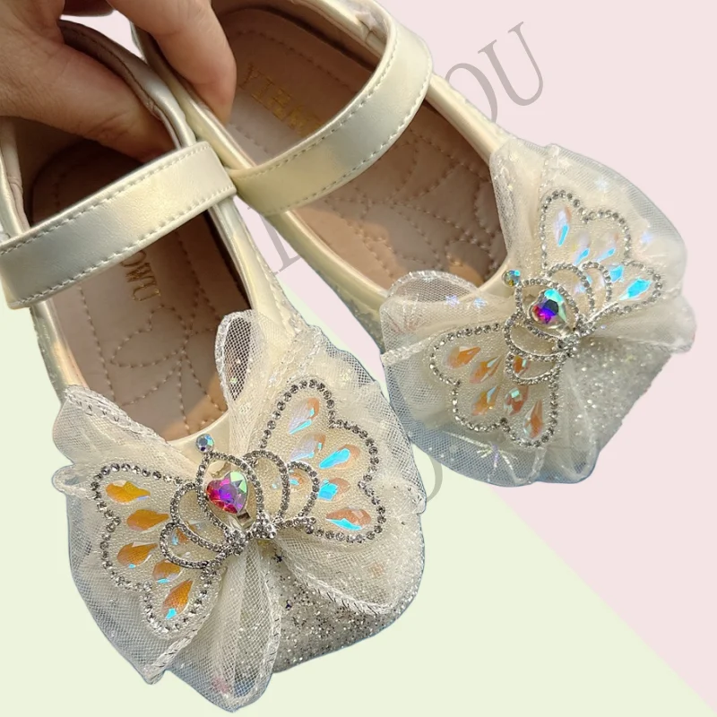 2024 New Spring Fashion Dress Shoes With Cute Lace Bowtie-knot For  Princess Bling Baby Shoes Sequined Leather Kids Dance Flats