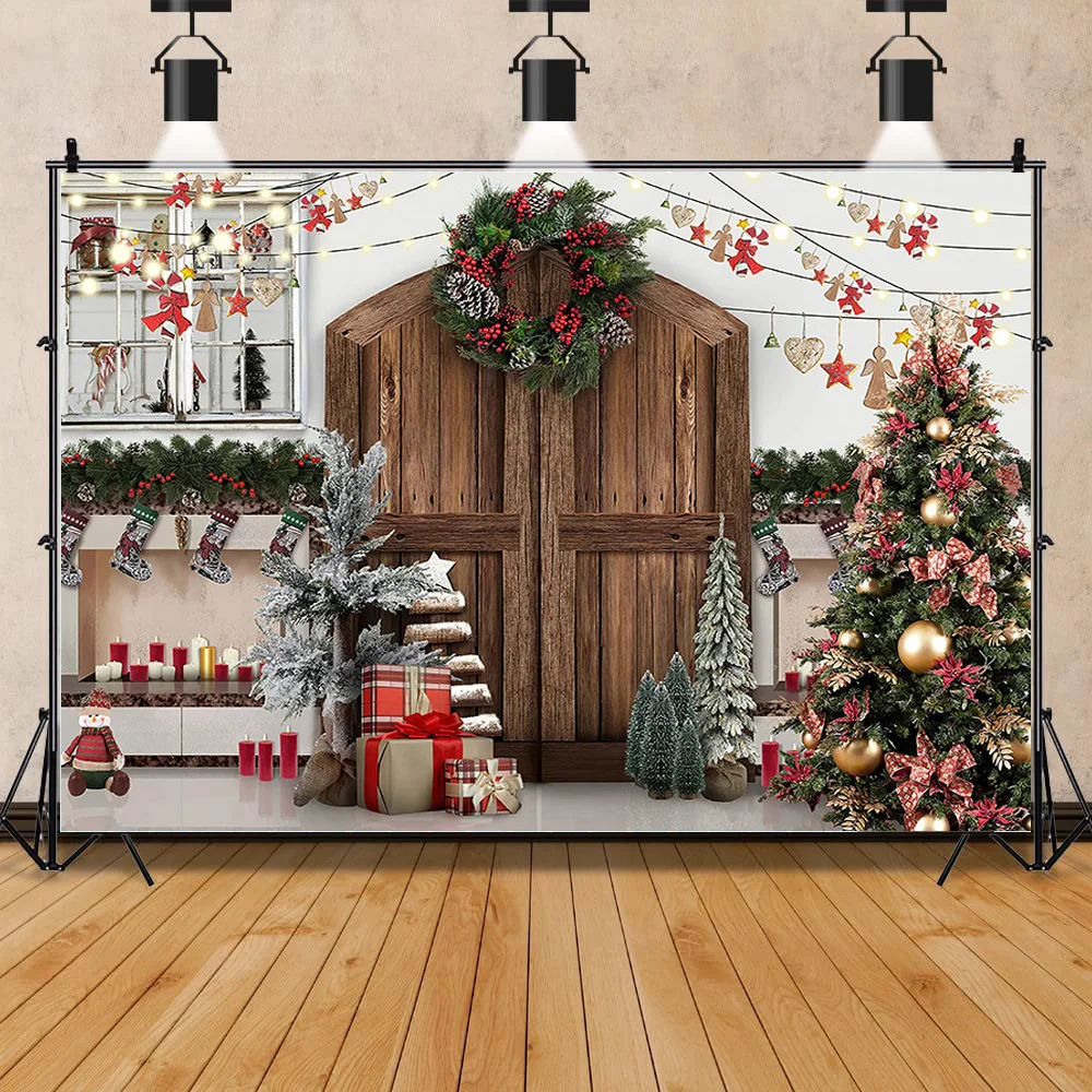 

SHUOZHIKE Christmas Tree Window Wreath Photography Backdrop Wooden Doors Snowman Cinema Pine New Year Background Prop ANT-05