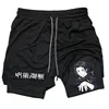 2-in-1 Compreesion Shorts for Men Gym Workout Running Athletic Anime Jujutsu Kaisen Performance with Pockets Activewear Workout
