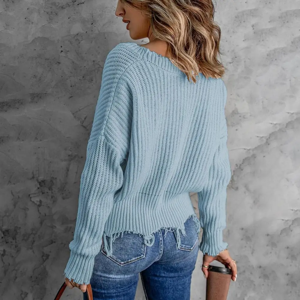 

Fashion Winter Sweater Ribbed Comfy Sweater Jumper Distressed Ripped Tassel Sweater Jumper