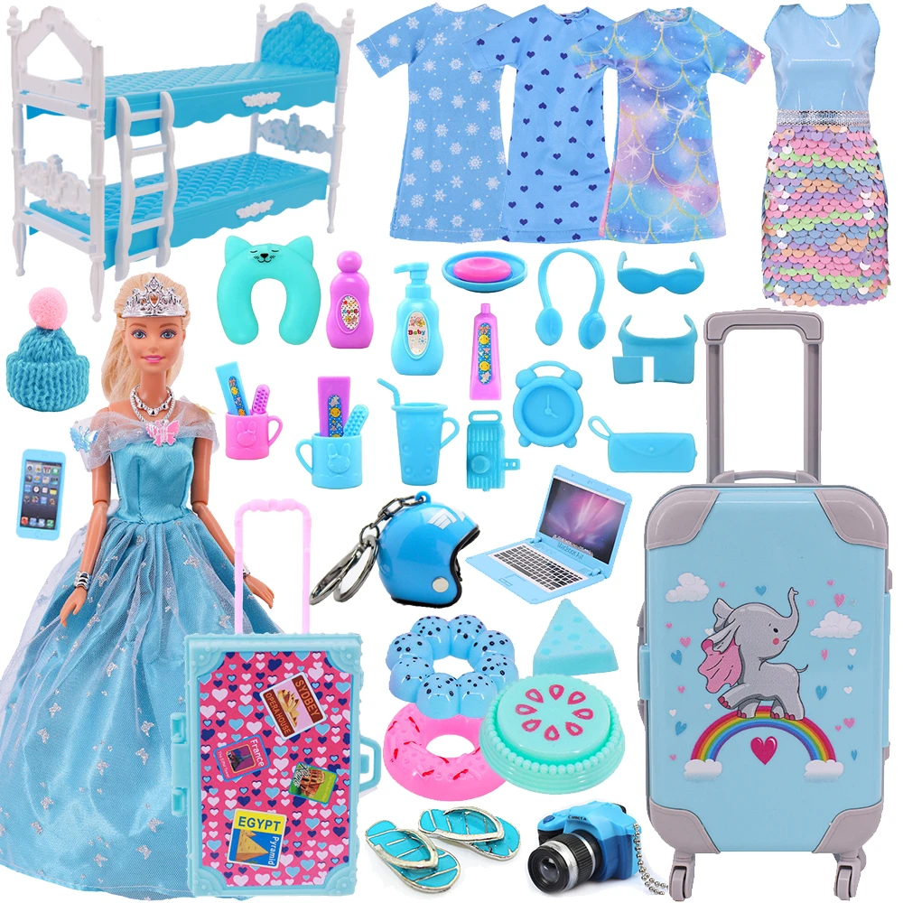 Blue 30cm Barbies Doll Clothes Shoes Accessories Travel Suitcase Toys