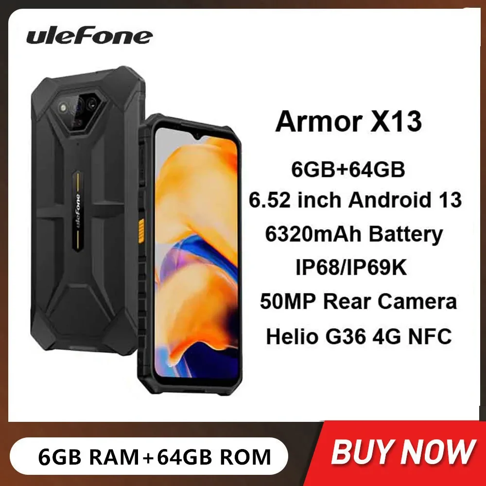 

Ulefone Power Armor X13 Rugged Waterproof Smartphones Octa-core 6GB+64GB Android 13 Mobile Phone 6.52Inch HD 50MP 6320mAh NFC