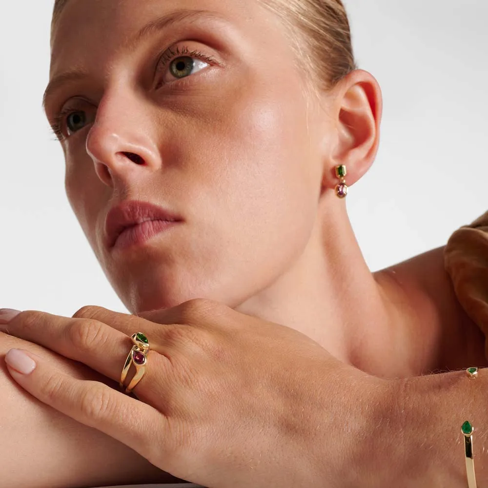 Delicate Mini Water Droplet Crystal Double Circle Rings for Women Green Zircon 18K Gold Plated Bride Wedding Ring Chic Jewellery