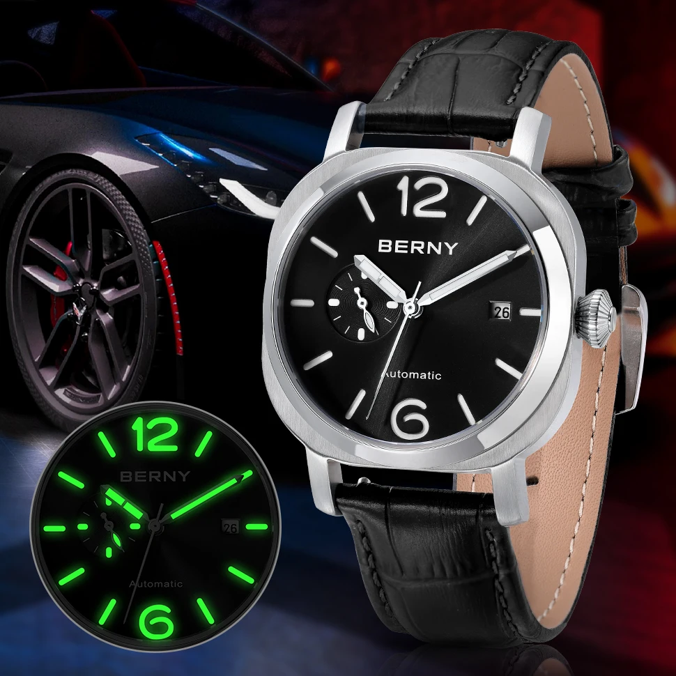 BERNY Sandwich Automatic Self Wind Watch for Men MIYOTA 8217 Luminous Date Sapphire 24 Hour Mechanical