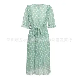 Vestido plisado a la moda de lunares para mujer, vestido pequeño de gasa transparente de longitud media, 2022