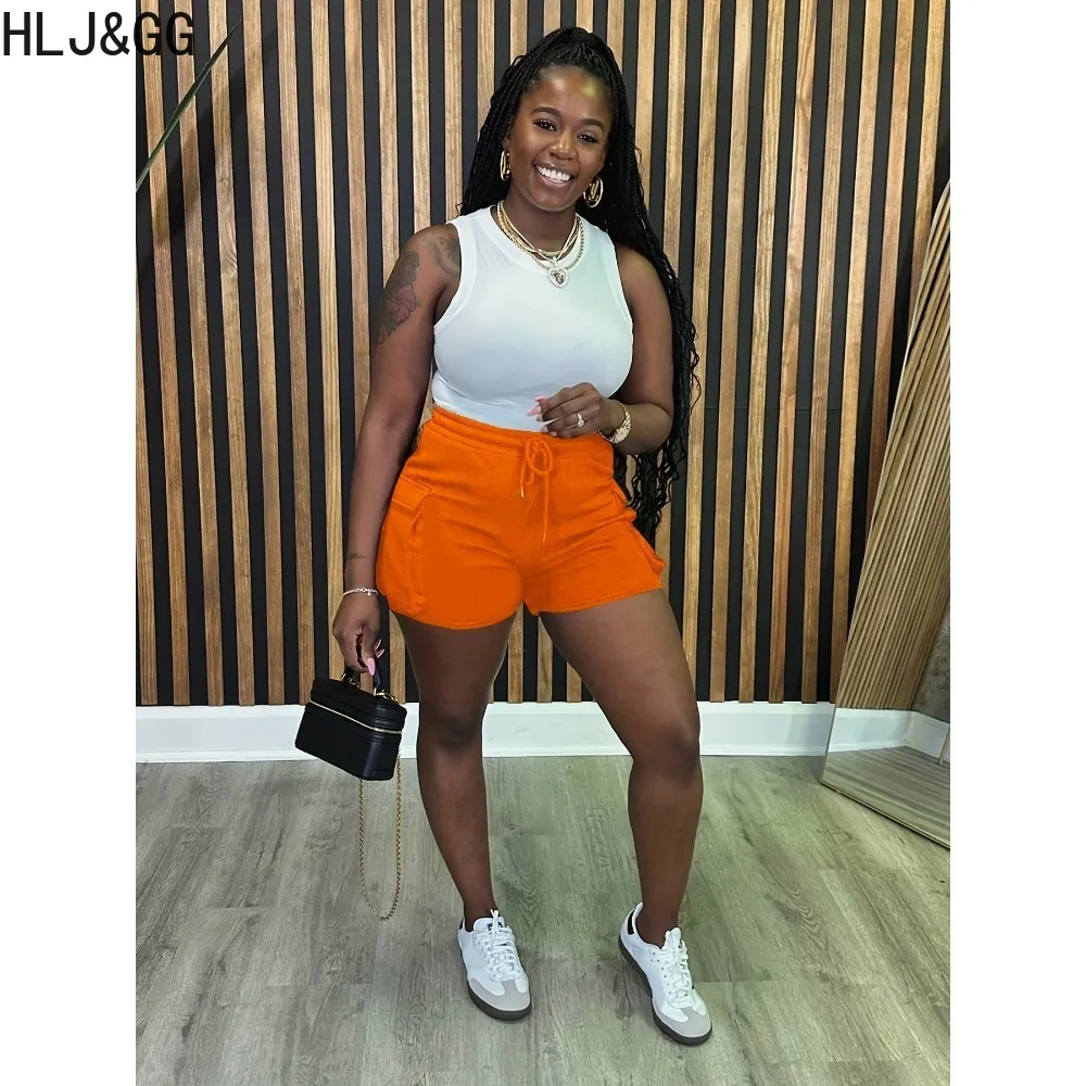 HLJ&GG Summer Solid Color Pocket Sporty Shorts Women Elastic Waist Drawstring Jogger Shorts Casual Female Fitness Bottoms 2024
