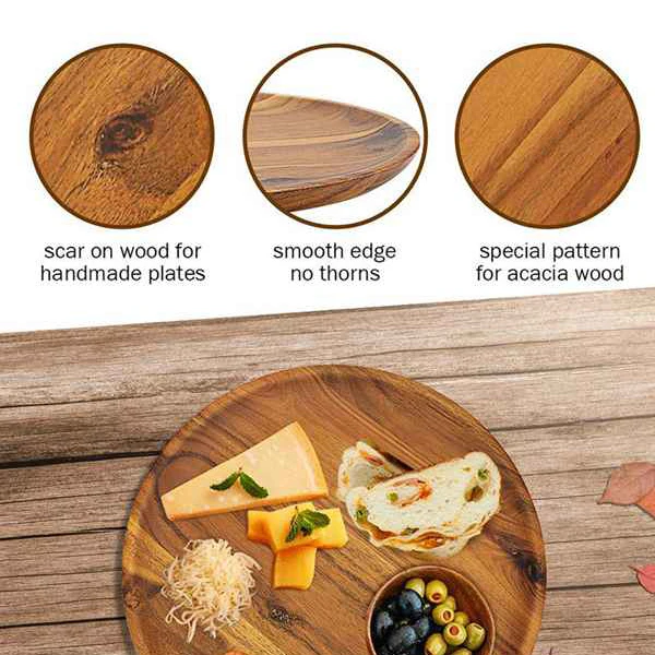 Round Solid Wood Board Whole Acacia Wood Fruit Plate Wooden Saucer Tea Plate Dessert Dinner Breakfast