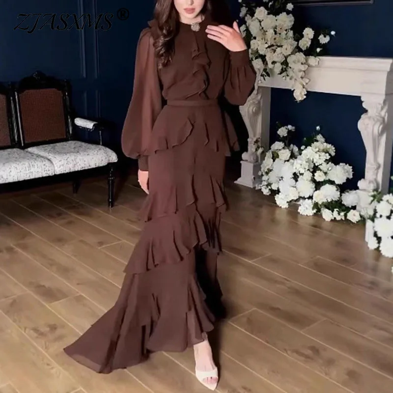 Fashion Long Sleeve Women's Autumn Dress Elegant O Neck Layered Ruffle  Evening Dress Casual Solid Chiffon Irregular Maxi Dresses - AliExpress  200000345