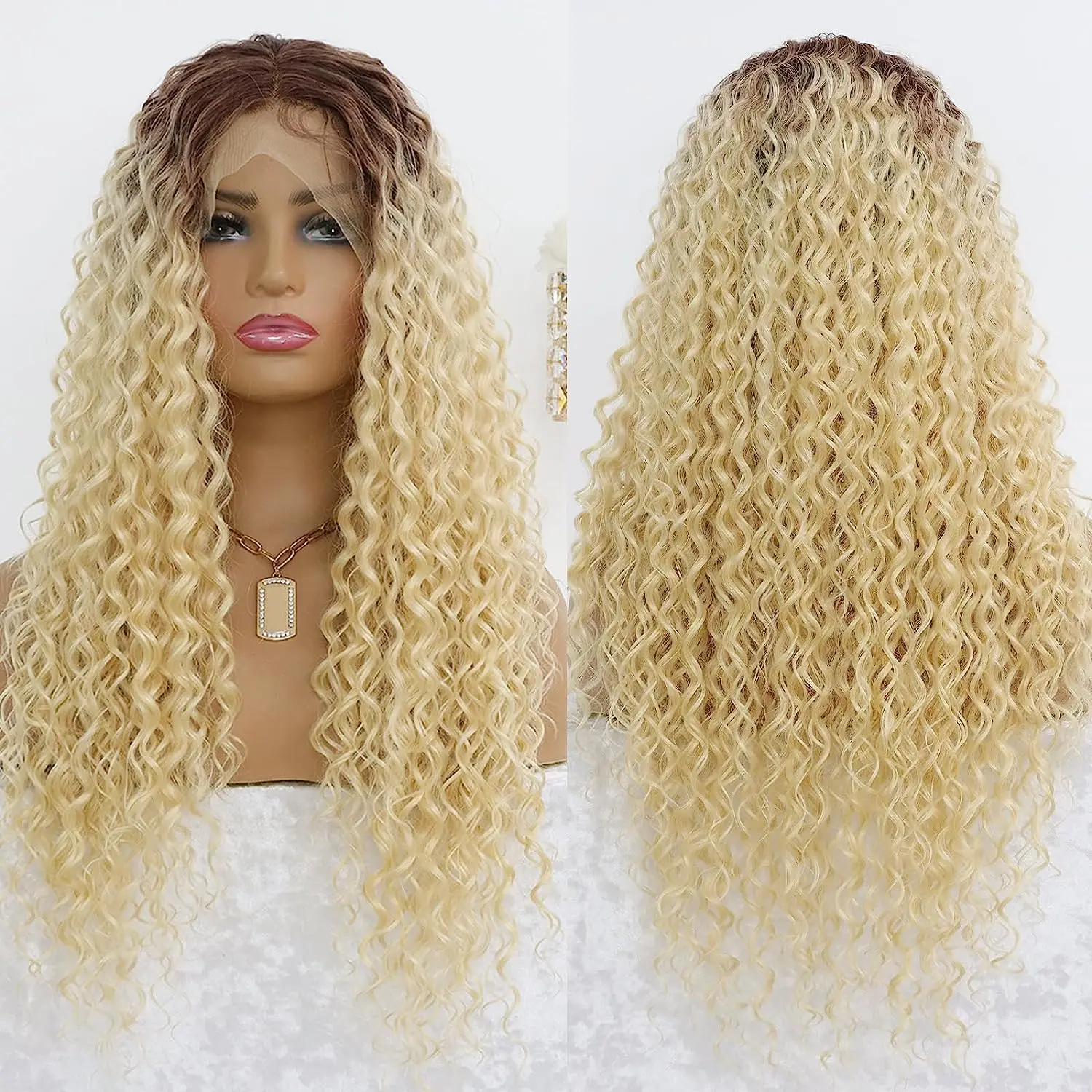 Ombre 613 Bleach Blonde Deep Curly Lace Front Wig Synthetic Hair Glueless Long Curly Blonde 13x4 Lace Front Wigs Pre Plucked