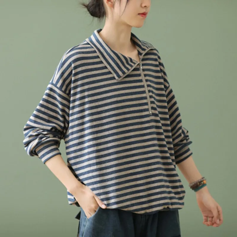 

Spring Arts Style Women Long Sleeve Zipper Design Turtleneck Loose Tees All-matched Casual Striped Tee Shirt Femme Tops C700