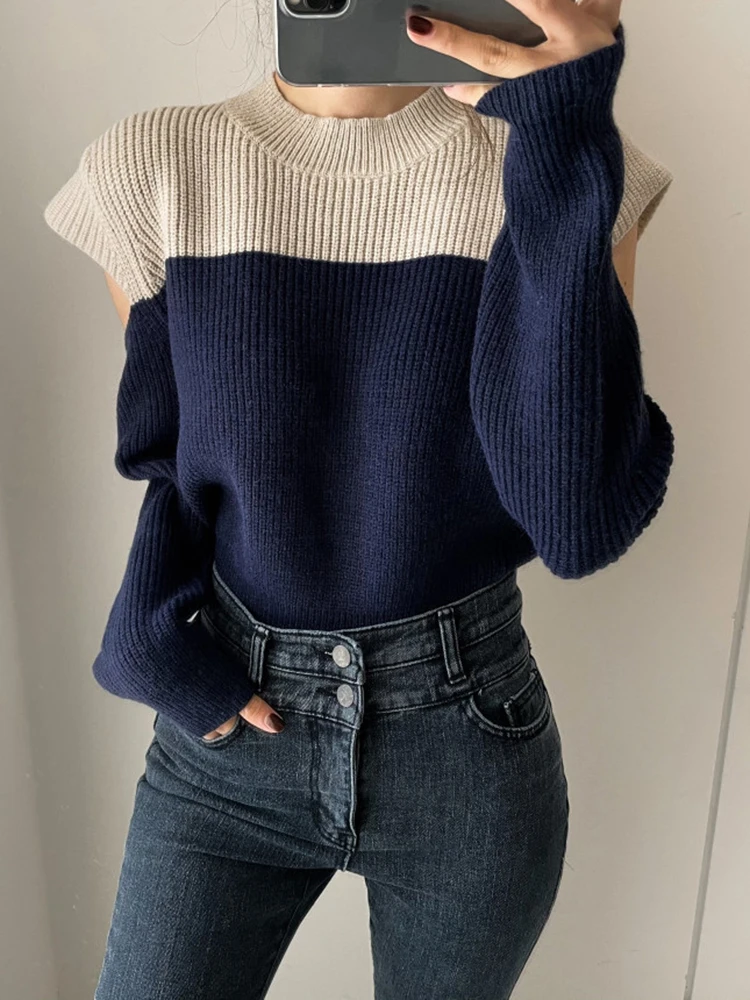 

Off Shoulder Long Sleeve Sweater Women O-neck Patchwork Contrast Elastic Pullover Knited Autumn Winter New X682