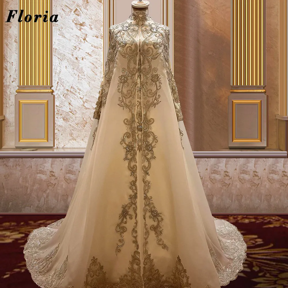 

Floria Saudi Arabia Embroidery Long Weddings Dresses Robes De Mariee Floor Train Women Bridal Gowns Muslim High Neck Bride Dress