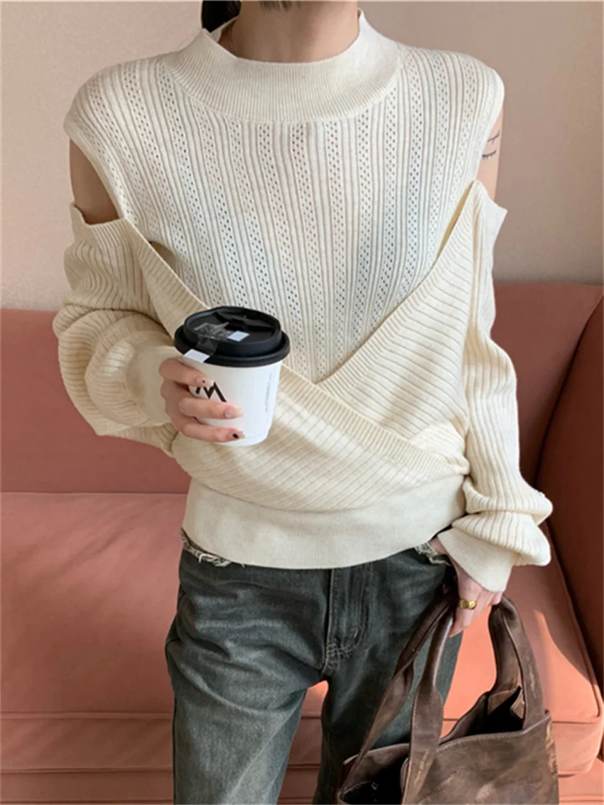 

Alien Kitty S-M Women Off Shoulders Sweaters Chic Mock Neck Casual Autumn Pullovers Gentle Full Sleeve Daily Office Lady Loose