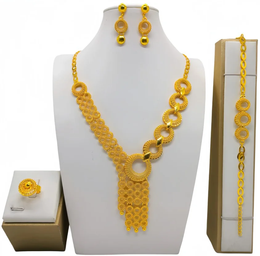 Модные серьги-подвески золотого цвета, комплект ожерелья для женщин, Дубайский Африканский роскошный бисер, полый дизайн, браслет, ювелирные изделия для свадебной вечеринки