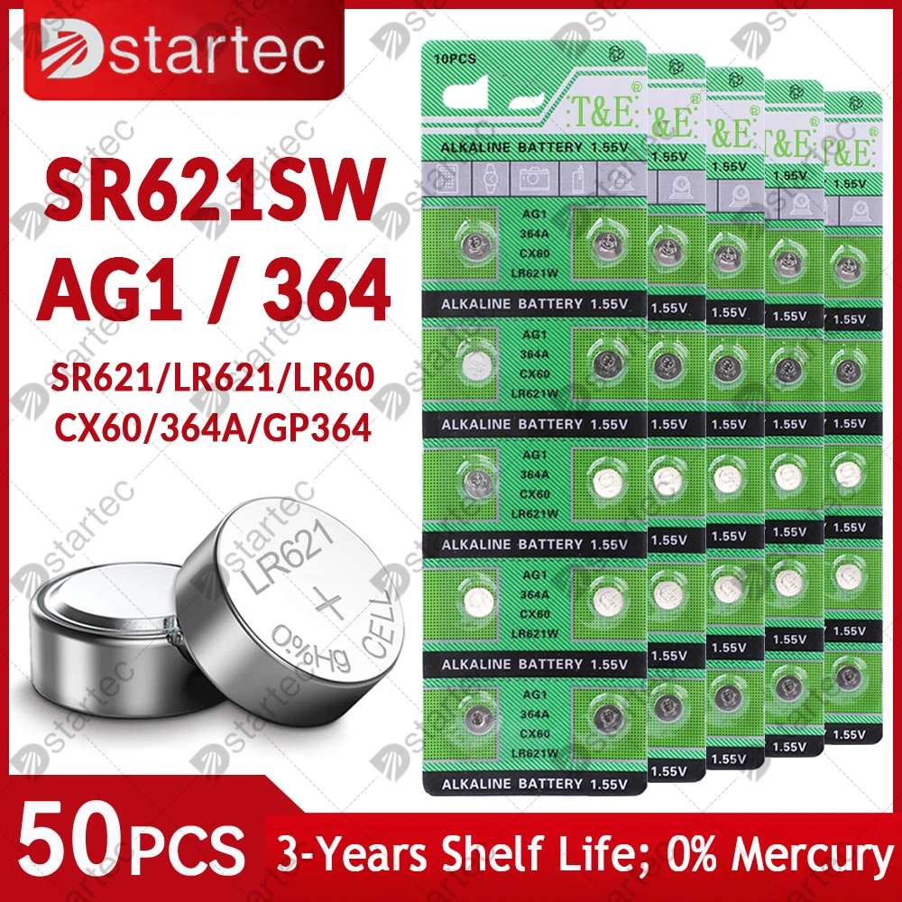 Dstartec 50Pcs Batteria A Moneta Ag1 Lr621 364 Batteria Alcalina A Bottone A Bottone 1.55V Sr621Sw 364A L621 Per Orologi Giocattoli No Mercury