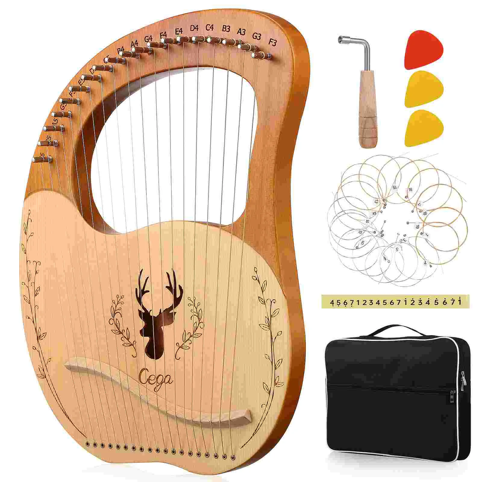 

1 Set Lyre Harp 19 Strings Lyre Harp with Tuning Key Pull Out Strings Bag Musical Instrument for Beginners