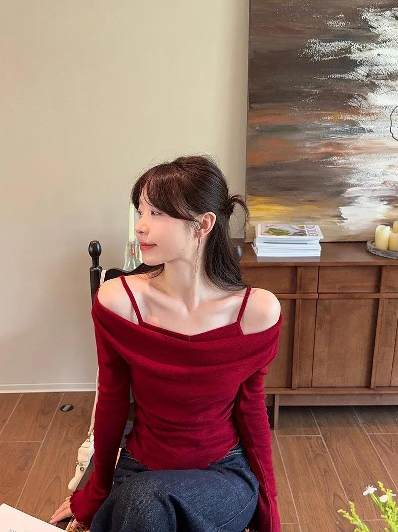 Fake Two-piece Off Shoulder Long Sleeve T-shirt Women's Sexy Slash Neck Flare Sleeve Base Shirt Top Autumn Casual Slim Fit Tops