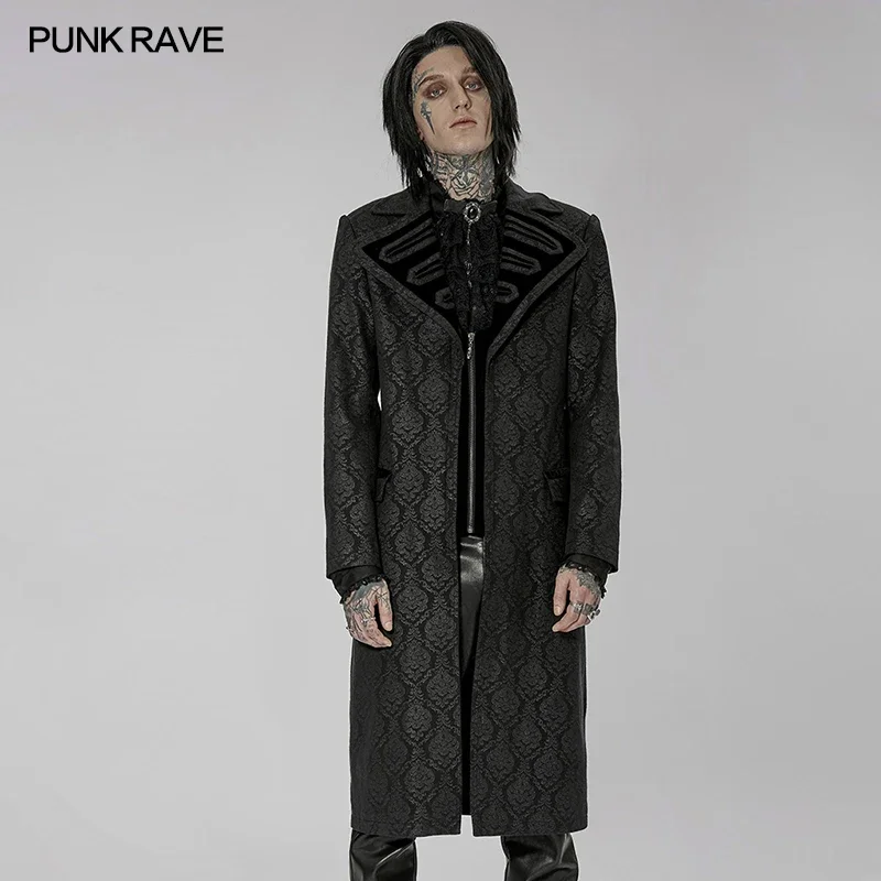 

PUNK RAVE Men's Gothic Print Medium Length Simple Coat Exquisite Collar Party Club Black Men Trench Autumn/Winter