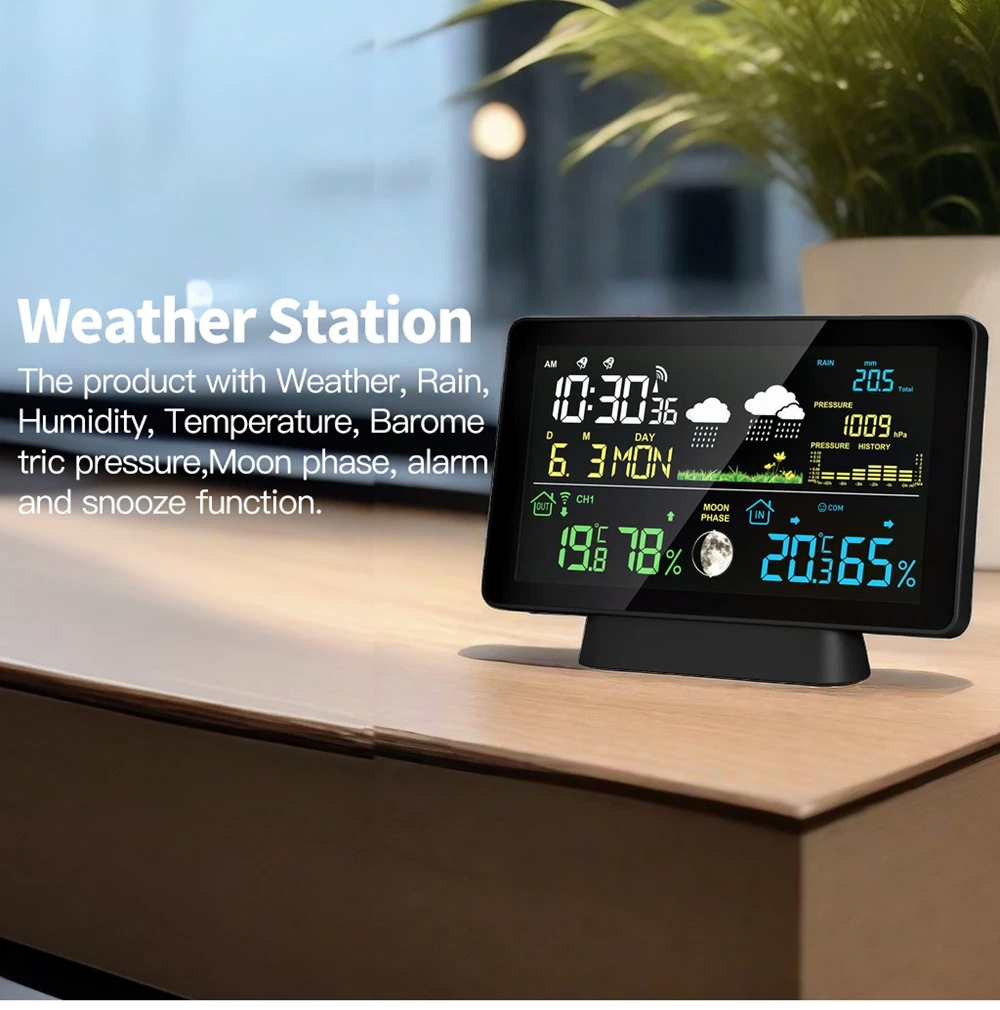 Wireless Weather Station Rain Gauge Thermometer DCF Radio Signal Time Date Alarm Clock Air Pressure Moon Phase Weather Forecast