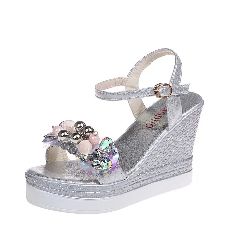 Women High Heels Platform High Heels Sandals Ankle Buckle Sandals Female Ankle Strap Buckle Rhinestone Crystal Sandals Summer Women Round Toe High Heels Fashion Ladies Wedges Shoes Gold