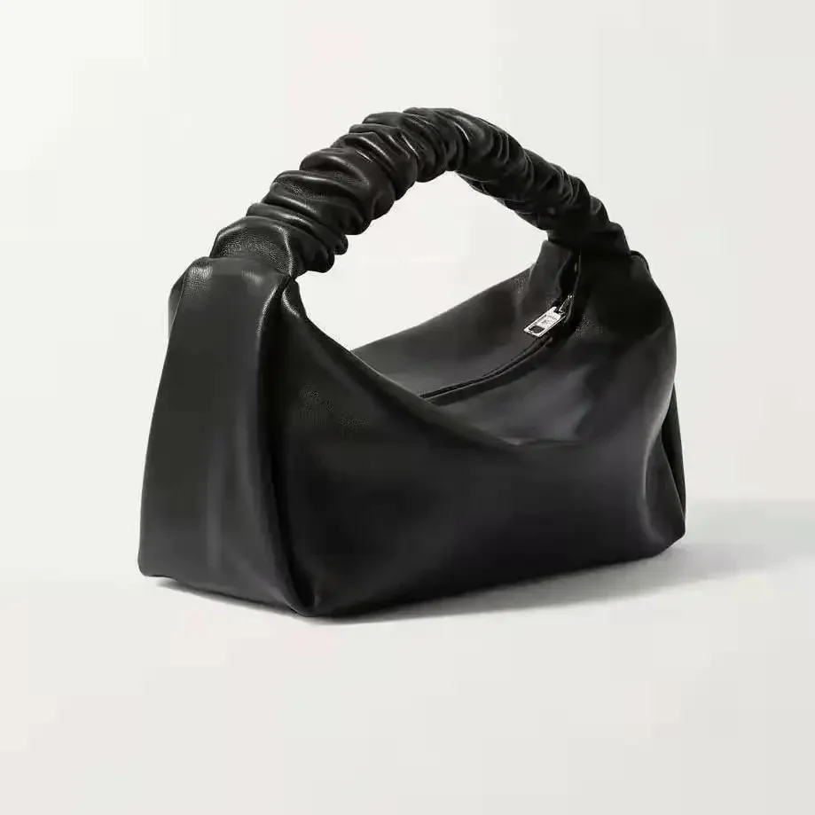 

New Women's Cowhide Sheepskin Lunch Box Bag Mini Pleated Hand Handle Handbag Soft Leather Crossbody Shoulder Bag