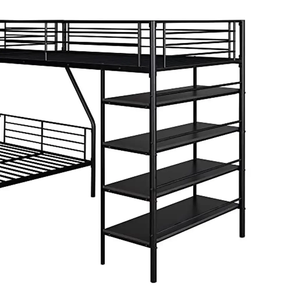 L Shaped Metal Corner Bunk Bed with Loft Built in Shelves Twin Over Full No Box Spring Needed 117.2 L x 77.5 W x 62.9 H