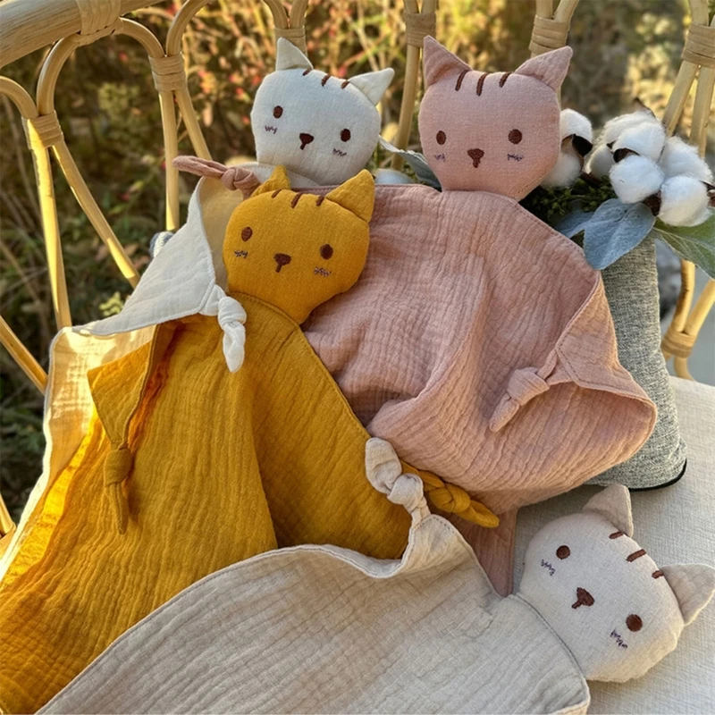 Soft Cotton Muslin Baby Bib Stuffed cat Doll Newborn Appease Towel Security Blanket Baby Sleeping Cuddling Towel Facecloth
