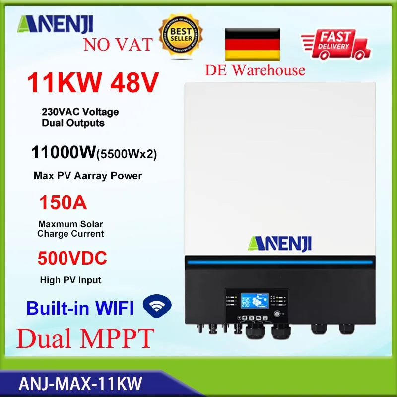 Inverter Solare Ibrido 11Kw 48V 230Vac Sinusoidale Pura Dual Input/Output Off Grid Tie Inversor Built-In 150A Dual Mppt Soalr Charger