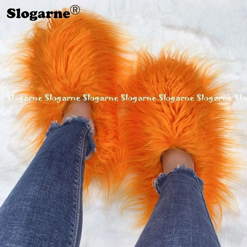 Women New Long Fur Slippers Woman Winter Plush Warm Shoes Outdoor Indoor Mongolian Fur Slides Flats Girls Luxury Furry Faux Fur