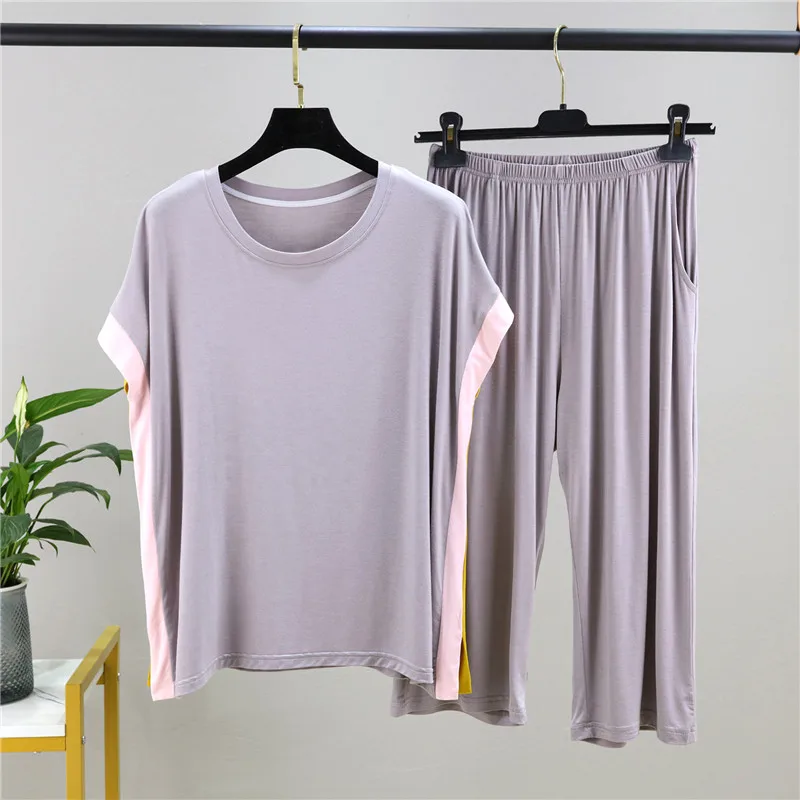 Casual Short Sleeve Cropped Pant Suit Summer Loose Home Clothes For Women Nightwear Pajamas Set Matching Color Sleepwear Pijamas