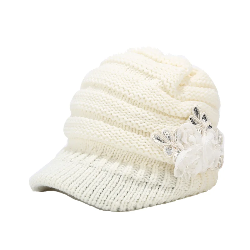 Stretchy Knitted Newsboy Cap Women Winter Hats with Visor Patch Flower White Red Grey Black