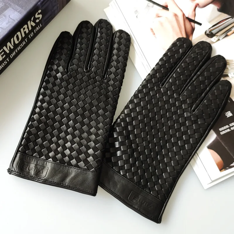 

Lambskin Glove For Men Winter Male High End Hand Knitted Plush Thicken Warm Motorcycle Mittens Outdoor Rhombus Suede Gant Hombre