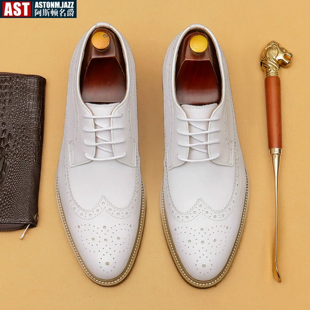 Luxury Men's Dress Shoes Genuine Leather Brogue Wingtip Toe Oxford White Lace-Up Business Wedding Formal Men Shoes