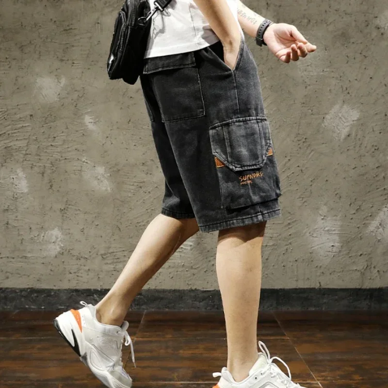 

Шорты-карго мужские джинсовые с карманами, тонкие брюки-бермуды, Тонкие штаны в Корейском стиле Харадзюку, ретро модные штаны на пуговицах, Xl, на лето