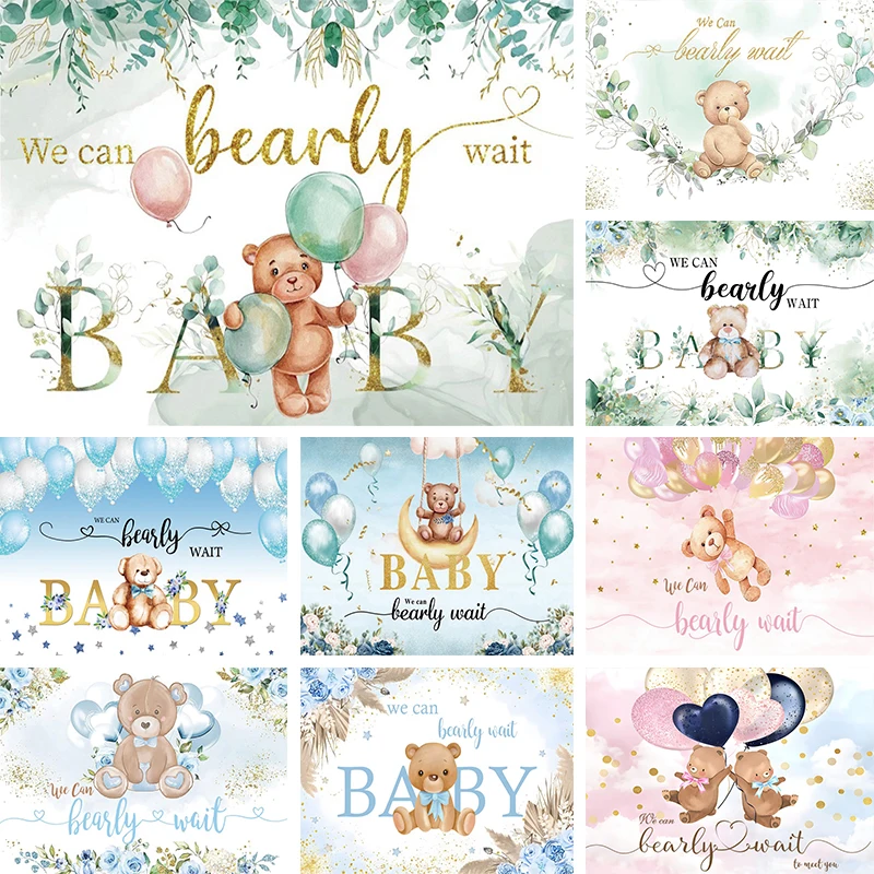 

Teddy Bear We Can Bearly Wait Backdrop Green Eucalyptus Leaves Bear Baby Shower Party Decorations Photography Background Banner