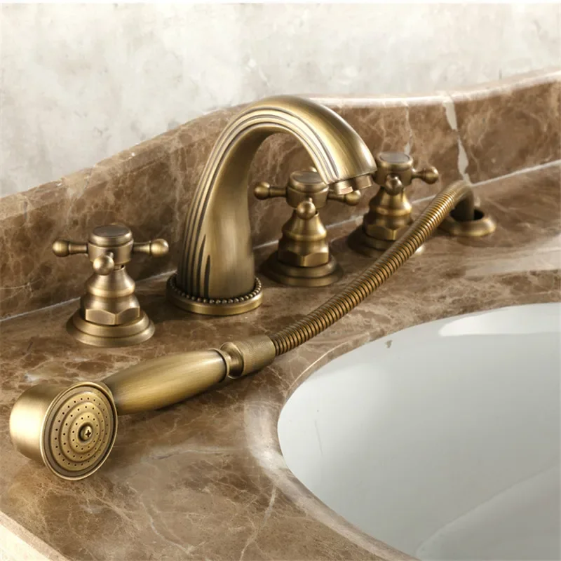 Brass Classtic Bathtub Faucet Set with Handheld Shower Deck Mounted 5 Holes Hot and Cold Taps Garden Bathtub Water Mixer 2