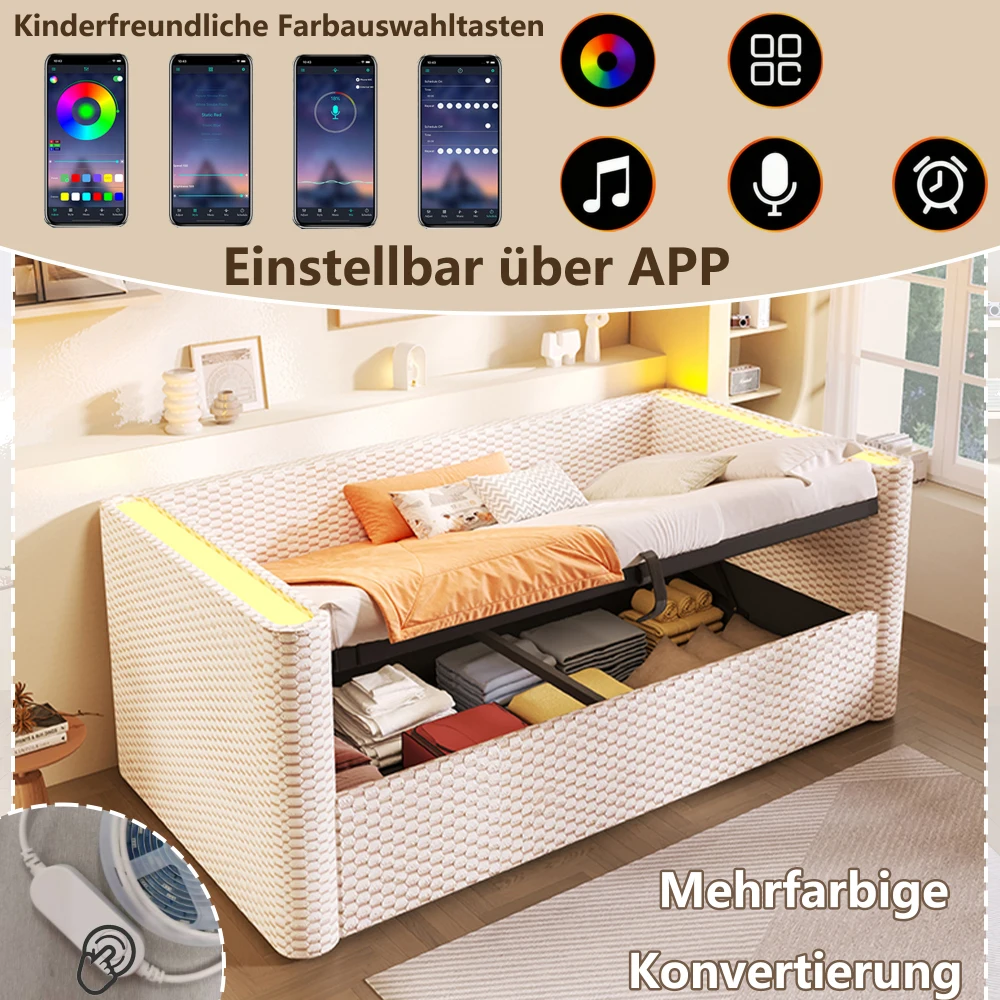 90 x 200 cm großes Samt-Tagesbett mit LED-Beleuchtung, modernes Schlafzimmer-Schlafsofa mit hydraulischem Aufbewahrungsmechanismus, Gitter, ohne Matratze – Detail 2